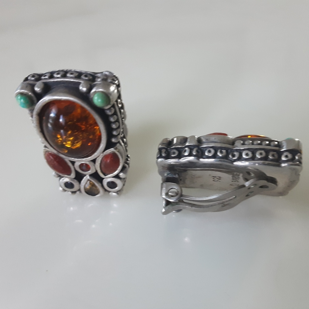 BARSE 925 Amber | Multi-Semi Precious Stone Rectangle Clip-On Earrings - Vtg - Picture 5 of 11